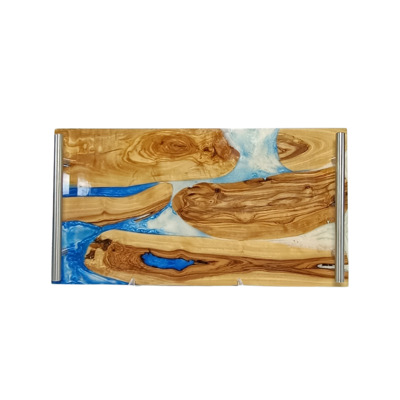 Plateau de Service en Bois d’Olivier et Résine Époxy, Modèle Rivière Bleu et Blanc, Yabombok KFB252 1