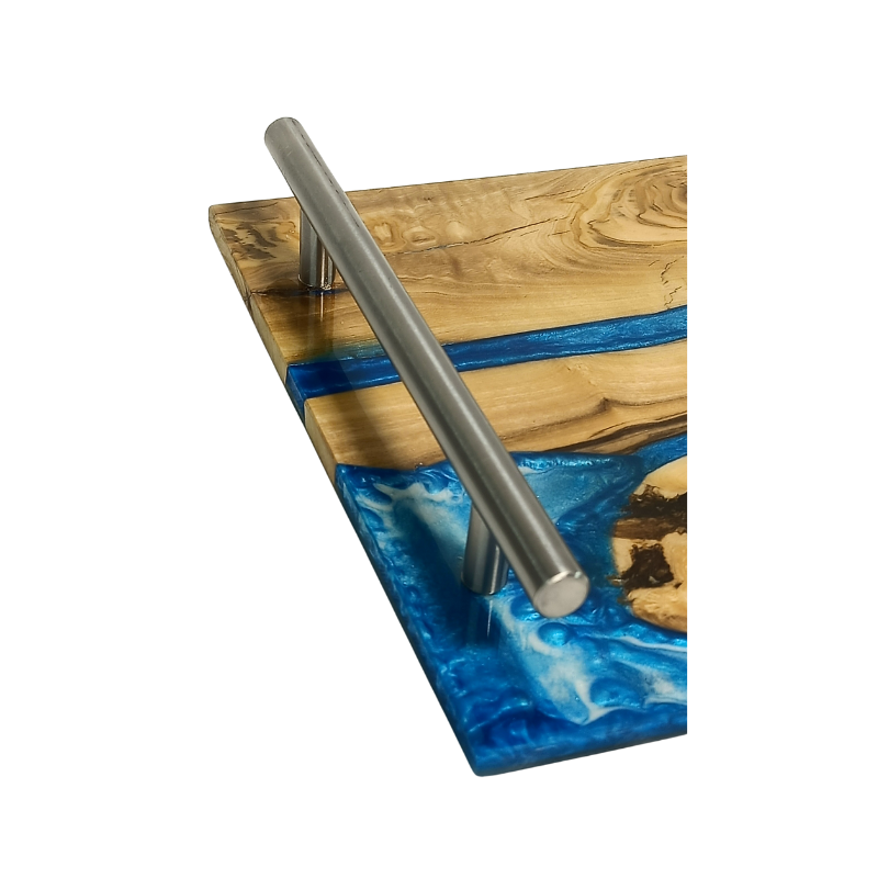 Plateau de Service en Bois d’Olivier et Résine Époxy, Modèle Rivière Bleu et Blanc, Yabombok KFB252 3 Plateau de Service en Bois d’Olivier et Résine Époxy, Modèle Rivière Bleu et Blanc, Yabombok KFB252 1
