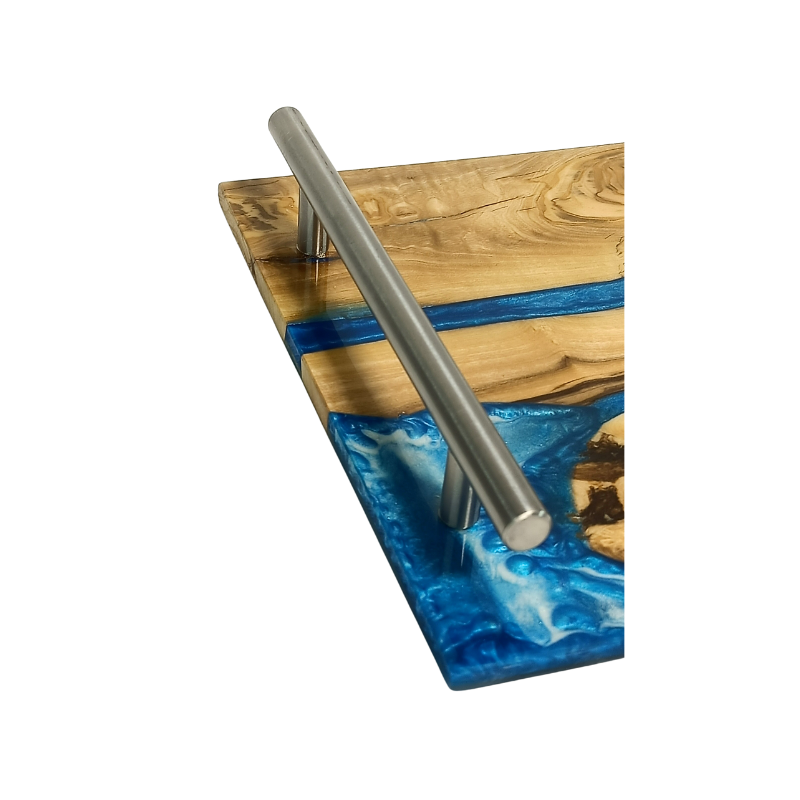 Plateau de Service en Bois d’Olivier et Résine Époxy, Modèle Rivière Bleu et Blanc, Yabombok KFB252 4 Plateau de Service en Bois d’Olivier et Résine Époxy, Modèle Rivière Bleu et Blanc, Yabombok KFB252 1