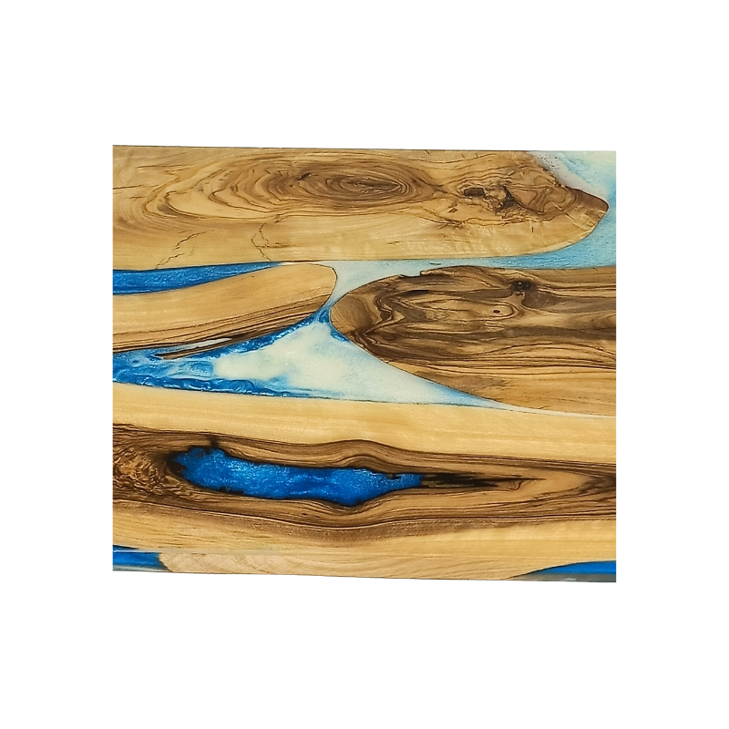 Plateau de Service en Bois d’Olivier et Résine Époxy, Modèle Rivière Bleu et Blanc, Yabombok KFB252 8 Plateau de Service en Bois d’Olivier et Résine Époxy, Modèle Rivière Bleu et Blanc, Yabombok KFB252 1