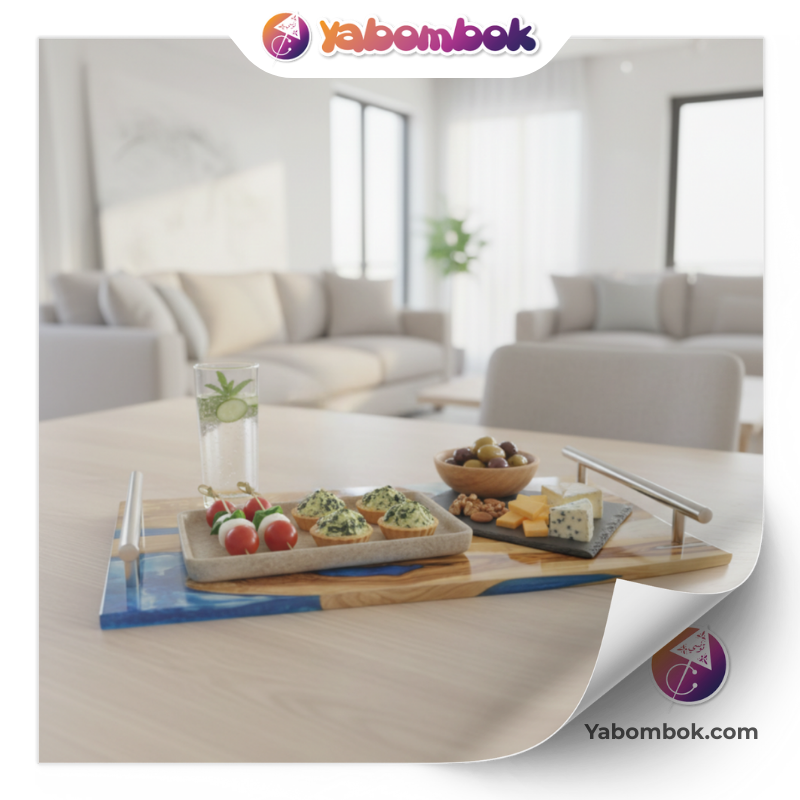 Plateau-de-Service-en-Bois-dOlivier-et-Resine-Epoxy-Modele-Riviere-Bleu-et-Blanc-Yabombok-KFB252 AI-1 Plateau de Service en Bois d’Olivier et Résine Époxy, Modèle Rivière Bleu et Blanc, Yabombok KFB252 1