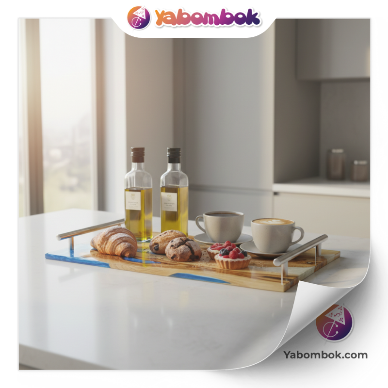 Plateau-de-Service-en-Bois-dOlivier-et-Resine-Epoxy-Modele-Riviere-Bleu-et-Blanc-Yabombok-KFB252 AI-3 Plateau de Service en Bois d’Olivier et Résine Époxy, Modèle Rivière Bleu et Blanc, Yabombok KFB252 1