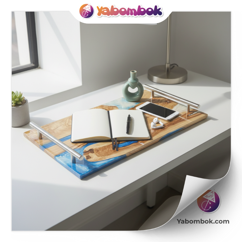 Plateau-de-Service-en-Bois-dOlivier-et-Resine-Epoxy-Modele-Riviere-Bleu-et-Blanc-Yabombok-KFB252 AI-4 Plateau de Service en Bois d’Olivier et Résine Époxy, Modèle Rivière Bleu et Blanc, Yabombok KFB252 1