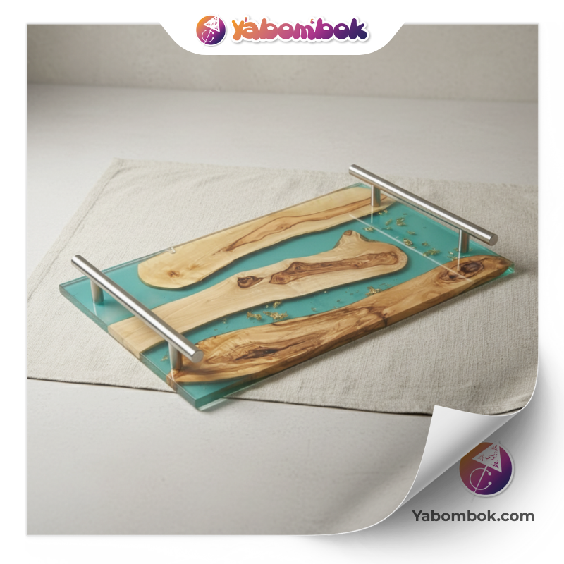Plateau de Service en Bois d’Olivier et Résine Époxy Turquoise avec Feuilles d’Or 1