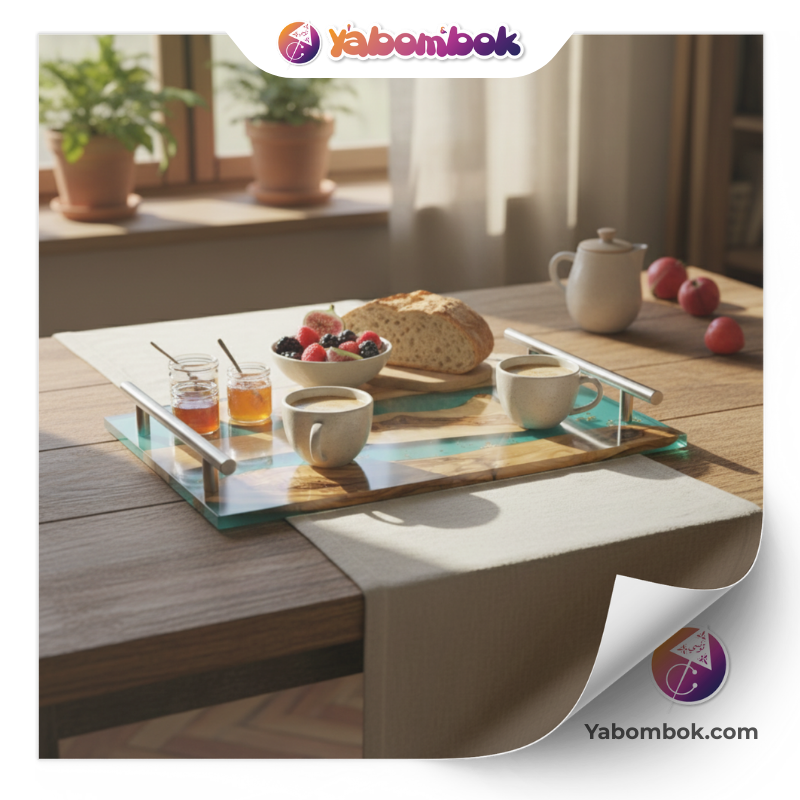 Plateau de Service en Bois d’Olivier et Résine Époxy Turquoise avec Feuilles d’Or 1