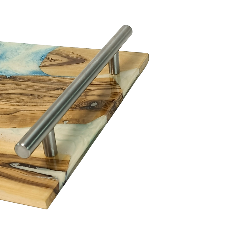 Plateau de Service en Bois d’Olivier et Résine Époxy Turquoise avec Feuilles d’Or