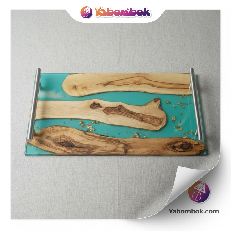 Plateau de Service en Bois d’Olivier et Résine Époxy Turquoise avec Feuilles d’Or 1