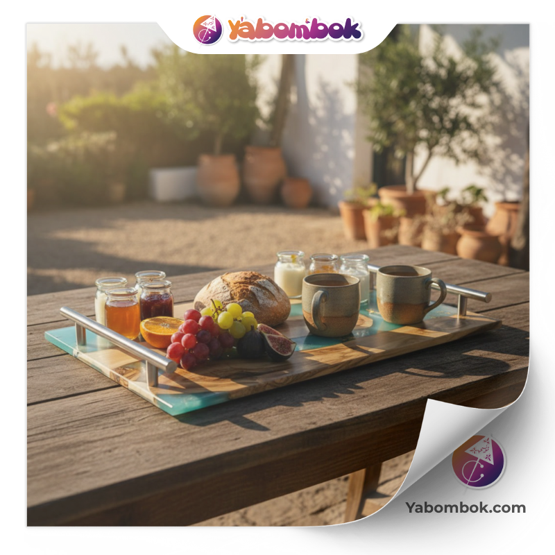 Plateau de Service en Bois d’Olivier et Résine Époxy Turquoise avec Feuilles d’Or 1