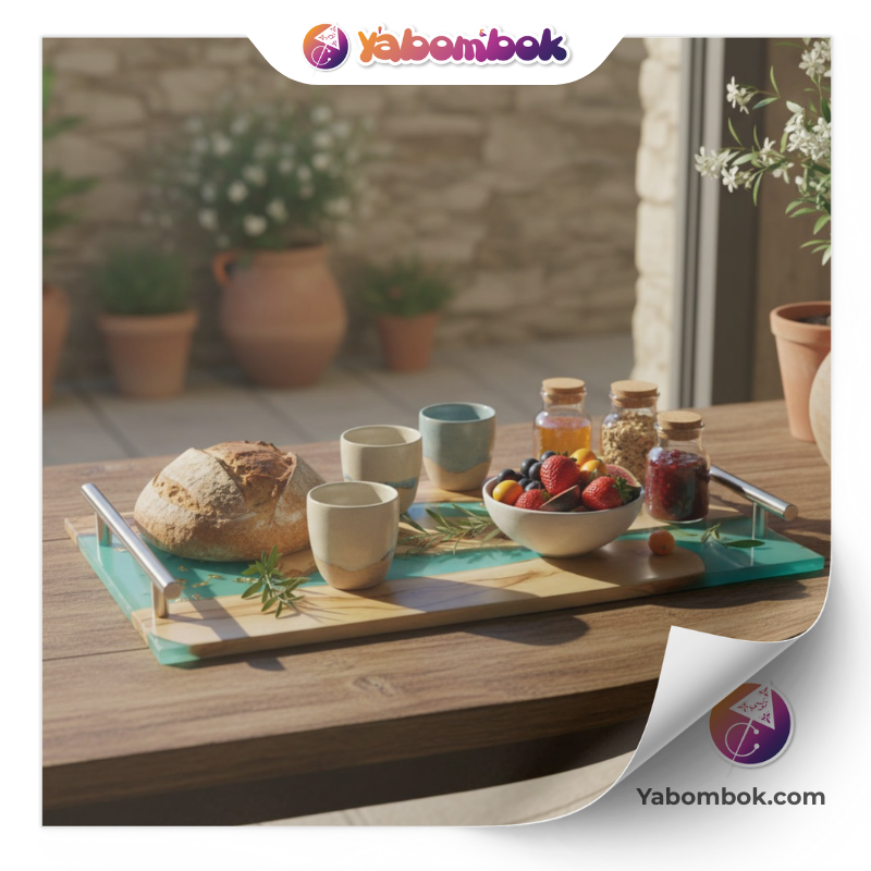 Plateau de Service en Bois d’Olivier et Résine Époxy Turquoise avec Feuilles d’Or 1