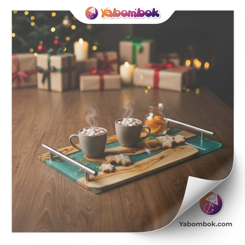 Plateau de Service en Bois d’Olivier et Résine Époxy Turquoise avec Feuilles d’Or 1