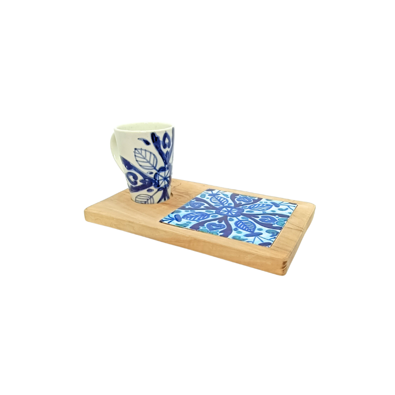 Set Plateau de Service en Bois et Tasse Céramique Ensemble Mug Café ou Thé Décor Azulejos Bleu et Blanc 2 Set Plateau de Service en Bois et Tasse Céramique Ensemble Mug Café ou Thé Décor Azulejos Bleu et Blanc