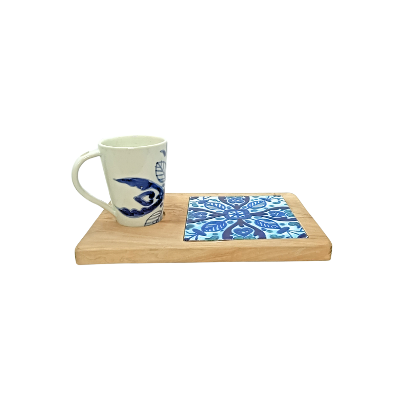 Set Plateau de Service en Bois et Tasse Céramique Ensemble Mug Café ou Thé Décor Azulejos Bleu et Blanc 5 Set Plateau de Service en Bois et Tasse Céramique Ensemble Mug Café ou Thé Décor Azulejos Bleu et Blanc
