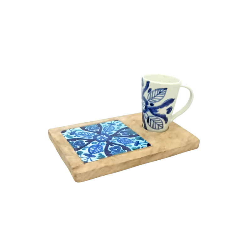 Set Plateau de Service en Bois et Tasse Céramique Ensemble Mug Café ou Thé Décor Azulejos Bleu et Blanc 7 Set Plateau de Service en Bois et Tasse Céramique Ensemble Mug Café ou Thé Décor Azulejos Bleu et Blanc