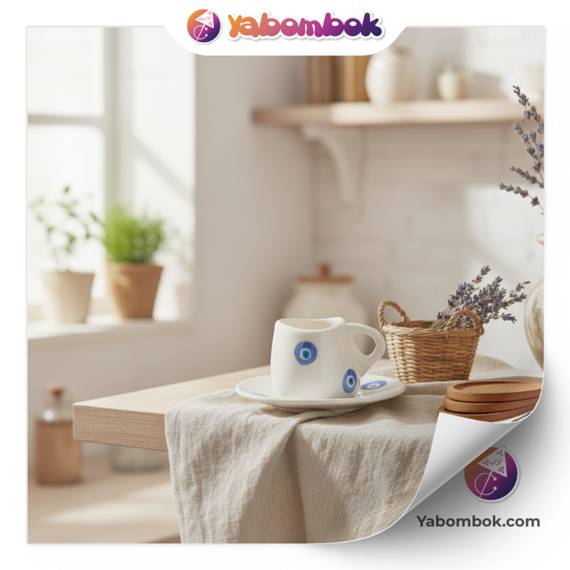 Tasse à café et soucoupe en céramique blanche ornées de motifs d'œil bleu turc