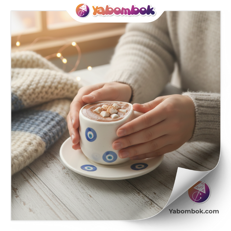 Tasse à café et soucoupe en céramique blanche ornées de motifs d'œil bleu turc