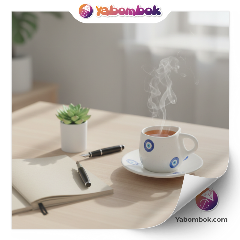 Tasse à café et soucoupe en céramique blanche ornées de motifs d'œil bleu turc