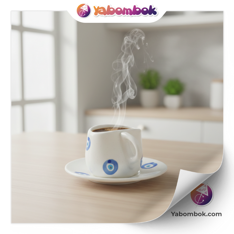 Tasse à café et soucoupe en céramique blanche ornées de motifs d'œil bleu turc