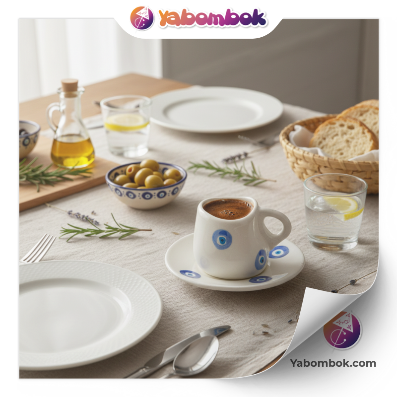 Tasse à café et soucoupe en céramique blanche ornées de motifs d'œil bleu turc