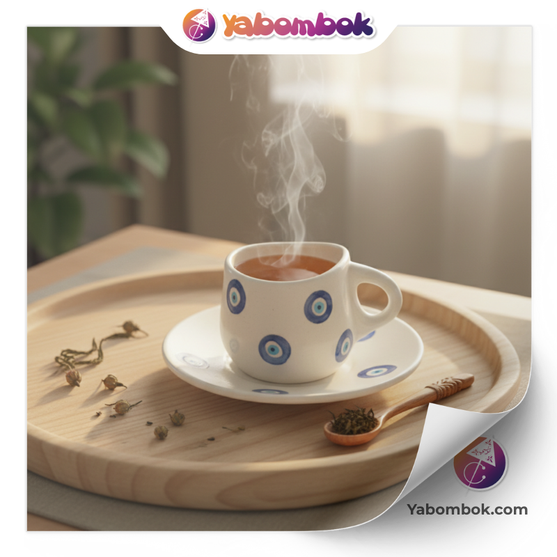 Tasse à café et soucoupe en céramique blanche ornées de motifs d'œil bleu turc