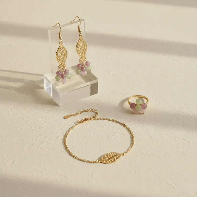 Set de bijoux doré avec perles pastel OM001 3 Set de bijoux doré avec perles pastel OM001