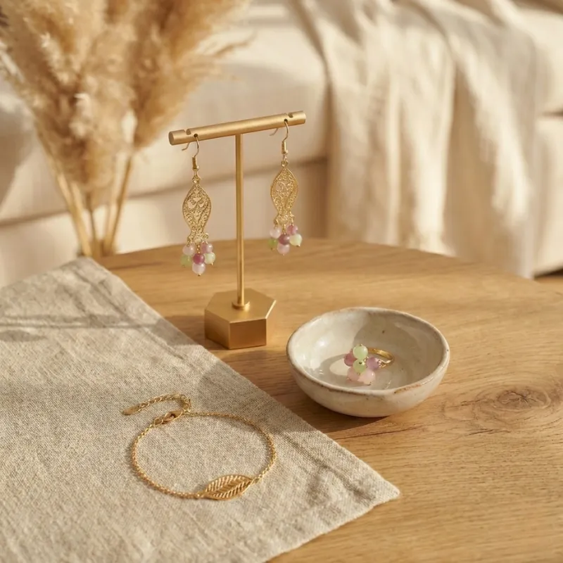 Set de bijoux doré avec perles pastel OM001 5 Set de bijoux doré avec perles pastel OM001